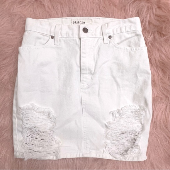 Pistola Denim Jean Dirty White Mini High-Waisted Distressed Skirt 26 Small - Picture 3 of 4